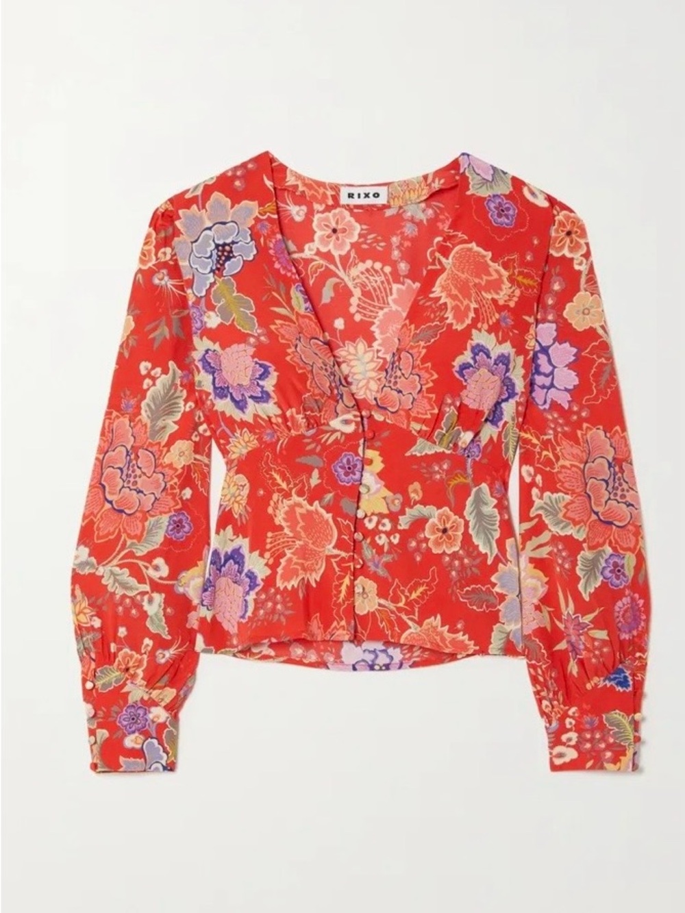 RIXO Red Floral V-Neck Blouse with Puff Sleeves
